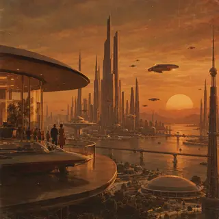 A cityscape rendered in nostalgic futurism — retro-futuristi