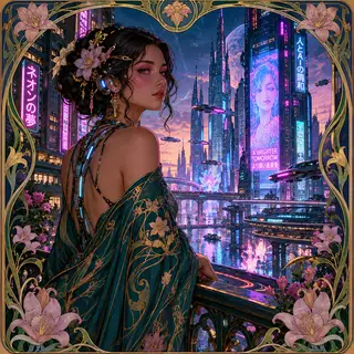 A woman in a futuristic city rendered in cyberpunk Art Nouve