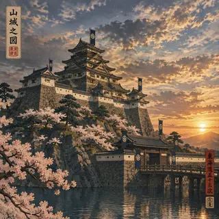 A medieval castle depicted in Japanese ukiyo-e woodblock pri