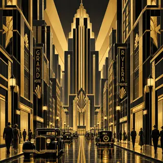 A city street scene in the style of Art Deco — geometric sha