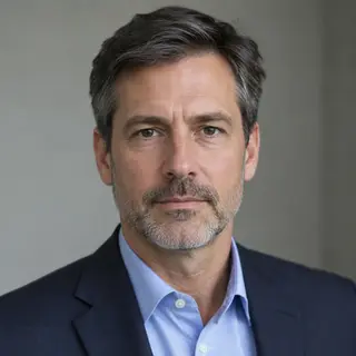 A portrait of a middle-aged man with a calm, serious express