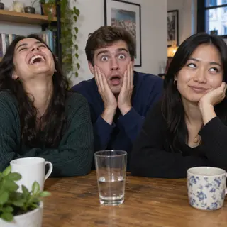 A group of three friends at a table: one laughing with head 