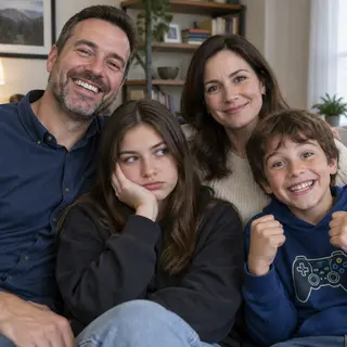 A family photo with four people: a father beaming with pride