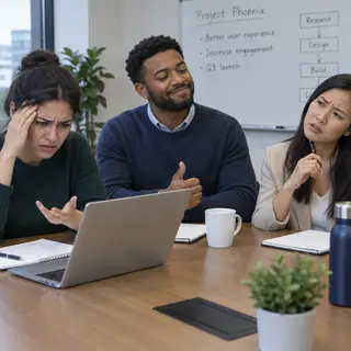 Three coworkers in a meeting: one looking frustrated with fu