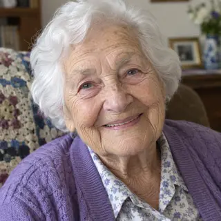 An elderly woman in her 80s with deep wrinkles and white hai