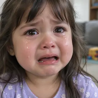 A 5-year-old child with round cheeks and large eyes, crying 