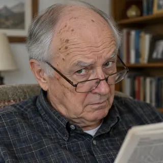 An elderly man in his 70s with age spots and thinning gray h