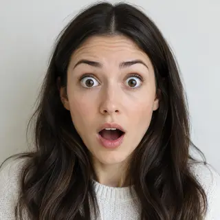 A portrait capturing genuine surprise — raised eyebrows, wid