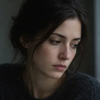 A face showing quiet melancholy — downcast eyes, slightly dr