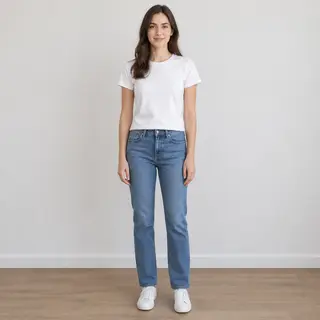 A woman standing upright in a relaxed pose, arms at her side