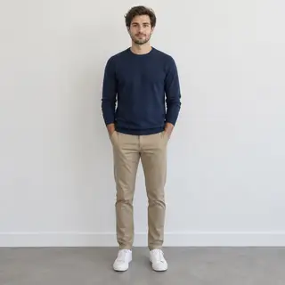 A man standing straight facing the camera, hands in pockets,