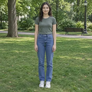 A person standing in a neutral pose in a park, full body vis