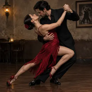 Two tango dancers in a close embrace, the man dipping the wo