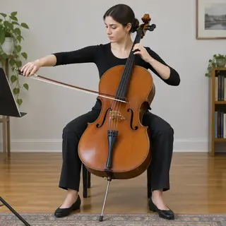 A cellist seated with correct posture, legs around the instr