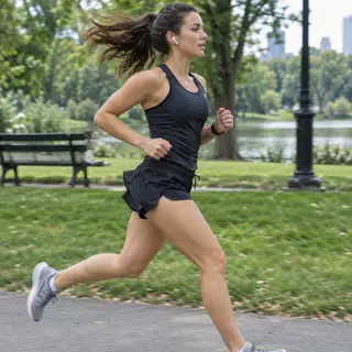 A woman mid-stride running through a park, hair and clothes 