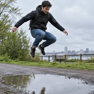 A man captured mid-jump over a puddle, body in the air with 