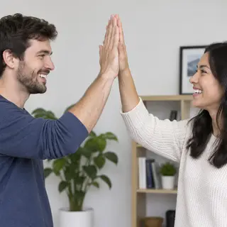 Two people doing a high-five, palms meeting with all fingers