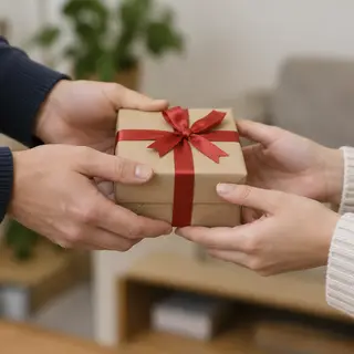 One person handing a small gift box to another person, both 