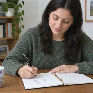 A woman writing in a notebook with a pen gripped correctly i