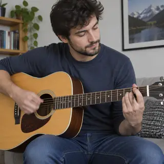 A person playing an acoustic guitar with left hand on the fr