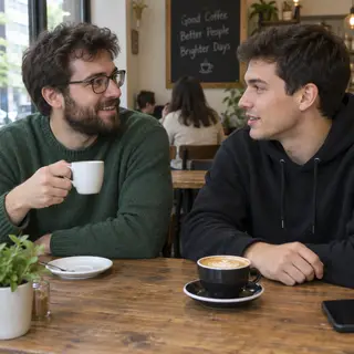 Two men at a cafe: one with a beard and glasses wearing a gr