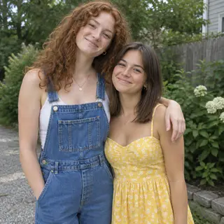 Two friends posing: one tall with curly red hair in denim ov
