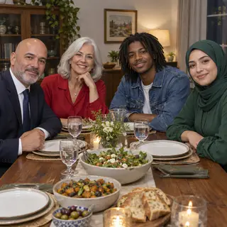Four people at a dinner table: a bald man in a suit, a woman