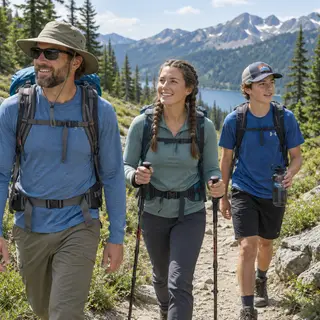Three hikers on a trail: a man with a backpack and sunhat, a