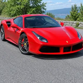 A bright red sports car parked on a gray asphalt road — the 