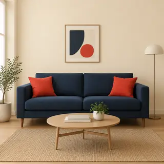 A minimalist room with walls in #F5E6CC (warm cream), a sofa