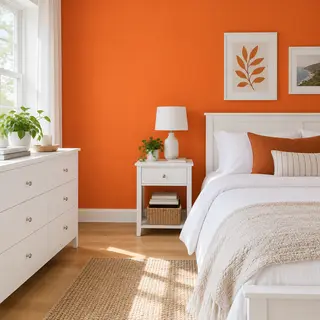 A bedroom wall painted in #FF6B35 (burnt orange) with white 