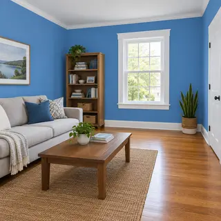 A room with walls in #4A90D9 (medium blue) with warm wooden 