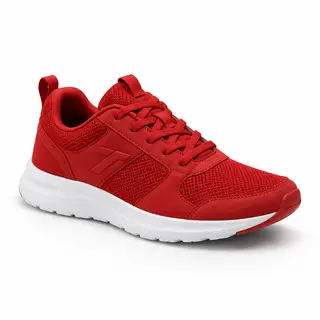 A single red sneaker on a clean white background with soft s