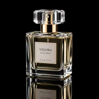 A clear glass perfume bottle on a reflective black surface w