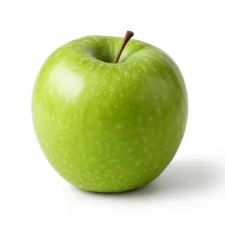 A ripe green apple on a seamless white background with soft 