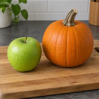 A green apple and an orange pumpkin on a wooden cutting boar