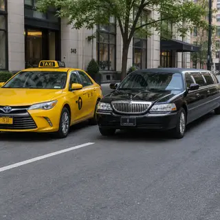A yellow taxi and a black limousine parked next to each othe