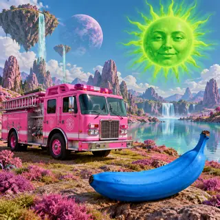 A pink fire truck, a blue banana, and a green sun in a surre