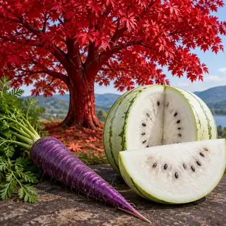 A purple carrot, a red tree with red leaves, and a white wat
