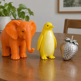 An orange elephant, a yellow penguin, and a silver strawberr