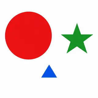 A large red circle, a small blue triangle, and a medium gree