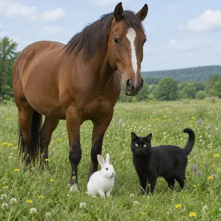 A big brown horse, a small white rabbit, and a medium-sized 