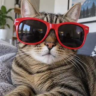 A tabby cat wearing oversized red sunglasses