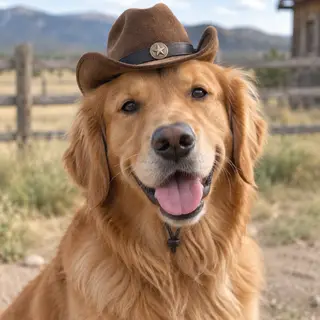 A golden retriever wearing a tiny cowboy hat