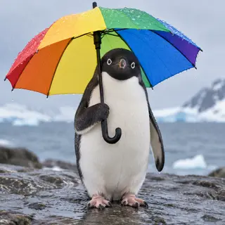 A penguin holding a colorful umbrella