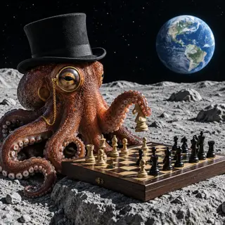 An octopus wearing a top hat and monocle playing chess on th