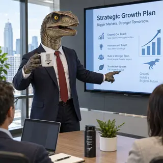 A dinosaur in a business suit giving a PowerPoint presentati