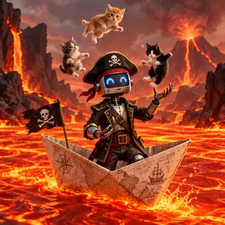 A robot dressed as a pirate sailing a paper boat on a lake o