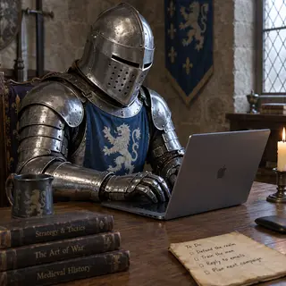A medieval knight in full armor sitting at a desk typing on 