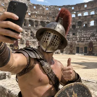 A Roman gladiator taking a selfie with a smartphone in the C